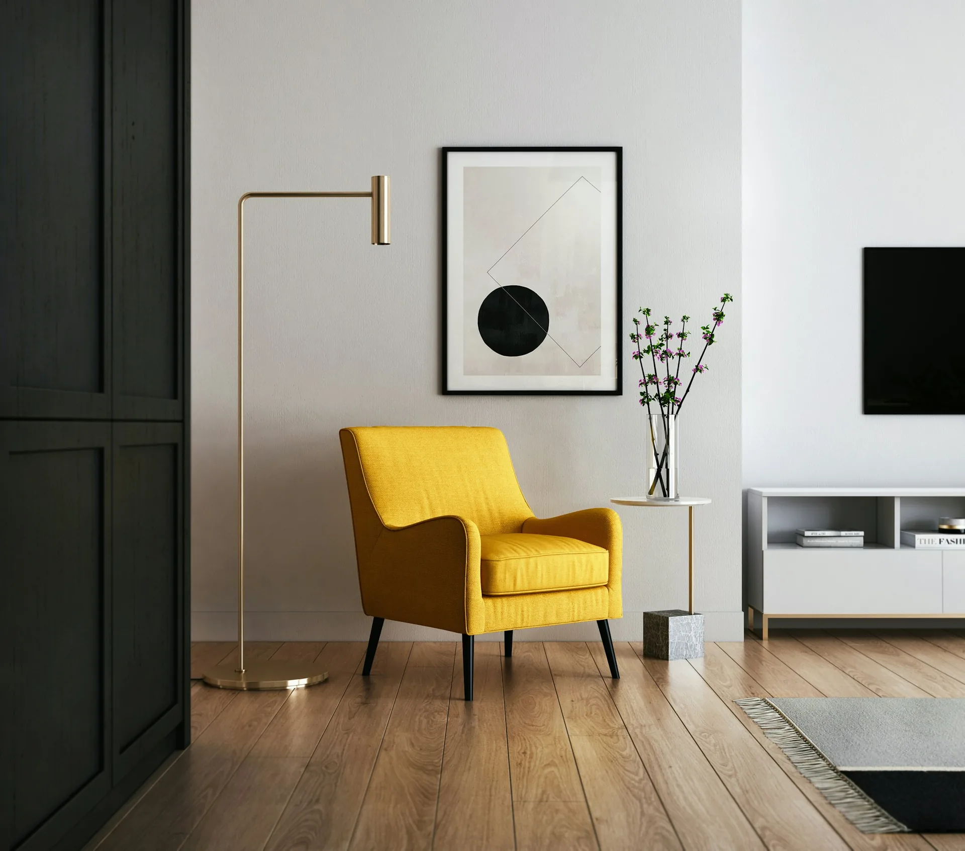 Designer interior with brass floor lamp